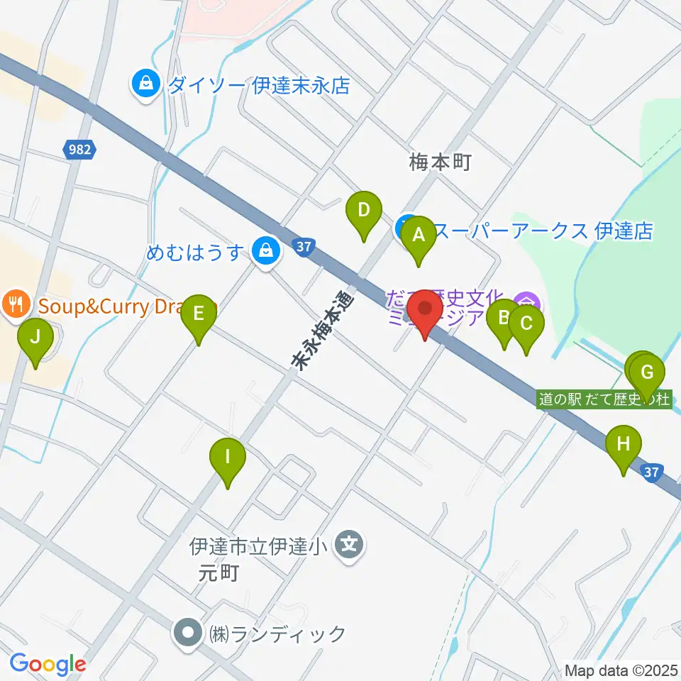 エルム楽器 伊達ミュージックセンター周辺のファミレス・ファーストフード一覧地図