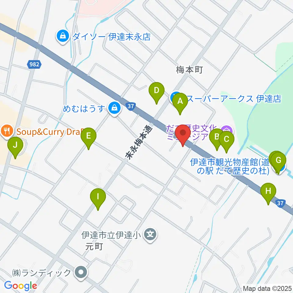 エルム楽器 伊達ミュージックセンター周辺のファミレス・ファーストフード一覧地図