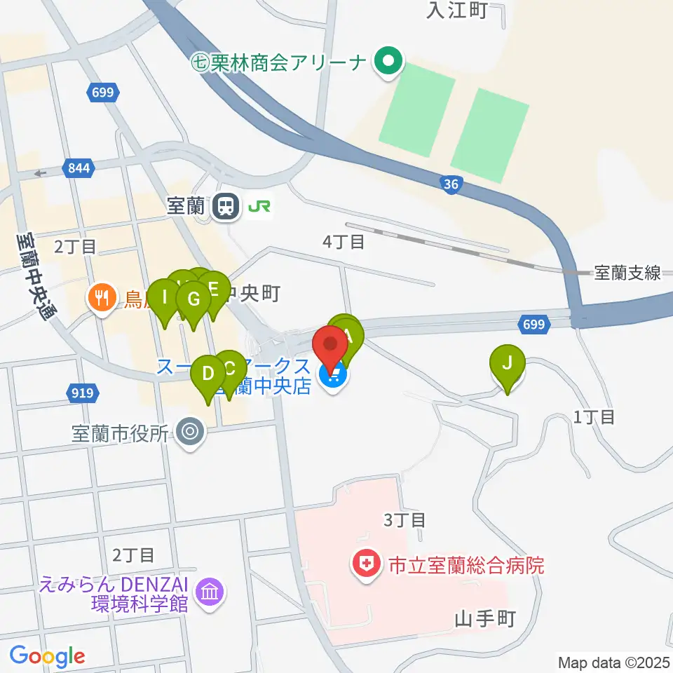 エルム楽器 スーパーアークス室蘭中央センター周辺のファミレス・ファーストフード一覧地図