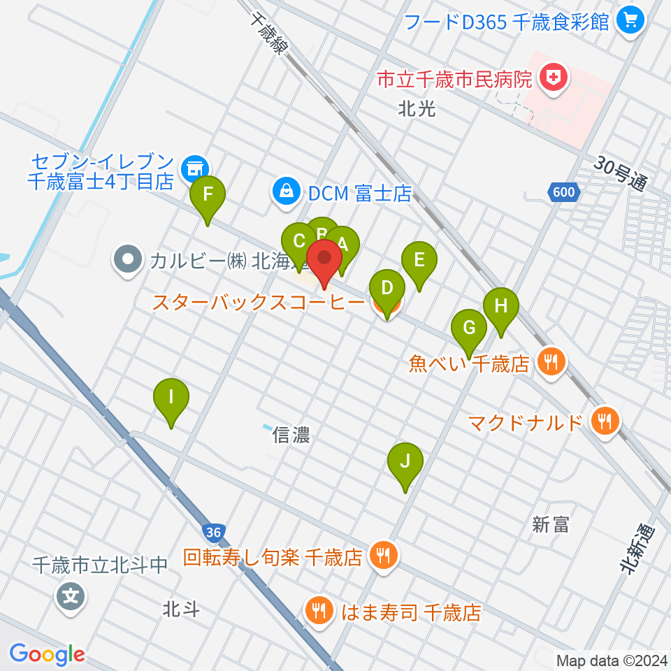 エルム楽器 千歳センター周辺のファミレス・ファーストフード一覧地図