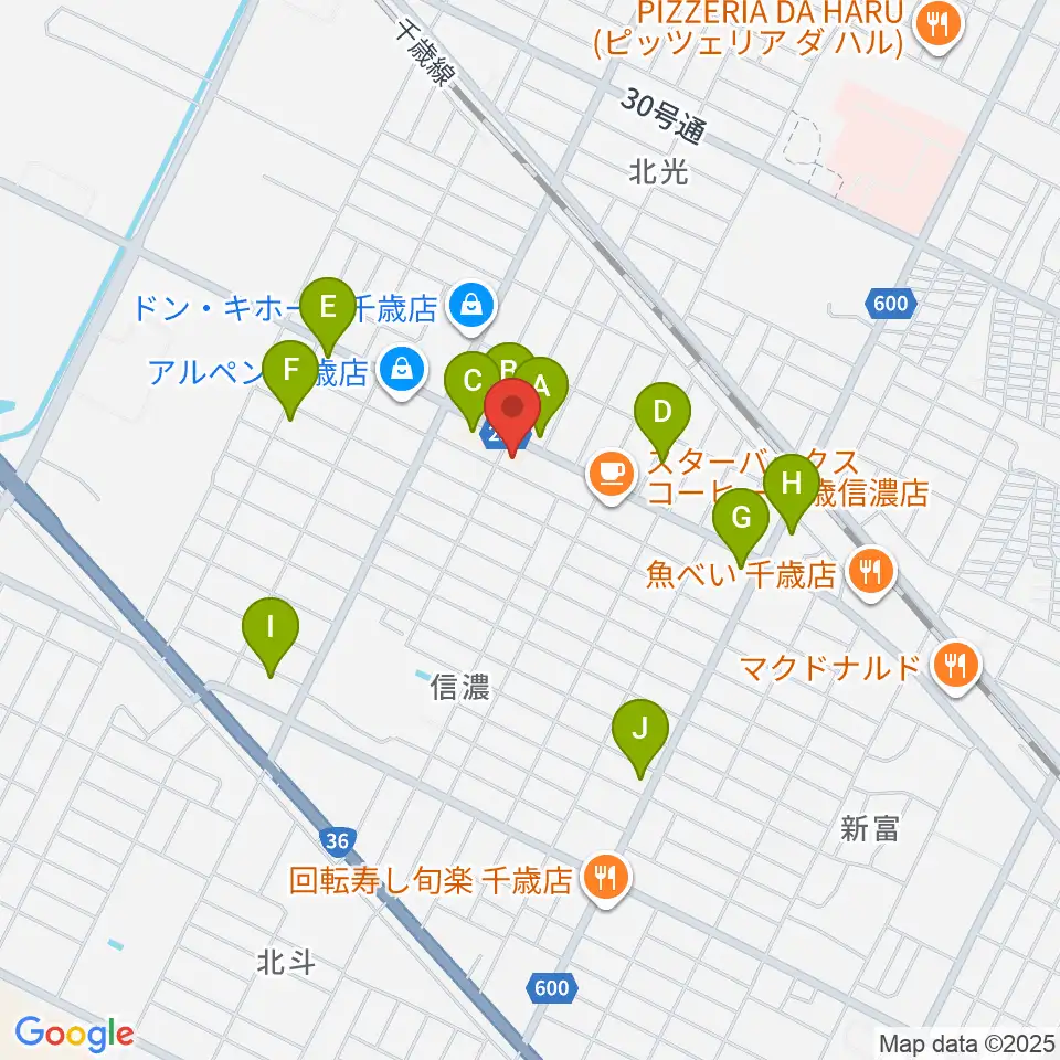 エルム楽器 千歳センター周辺のファミレス・ファーストフード一覧地図