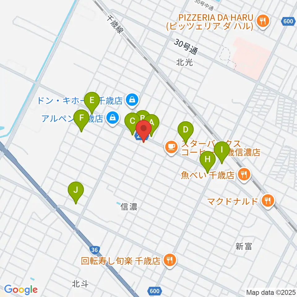 エルム楽器 千歳センター周辺のファミレス・ファーストフード一覧地図