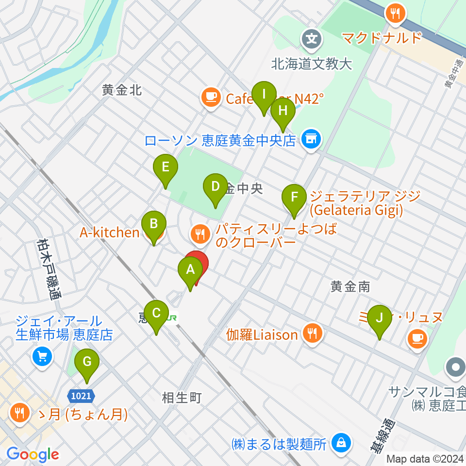 エルム楽器 恵庭駅前センター周辺のファミレス・ファーストフード一覧地図