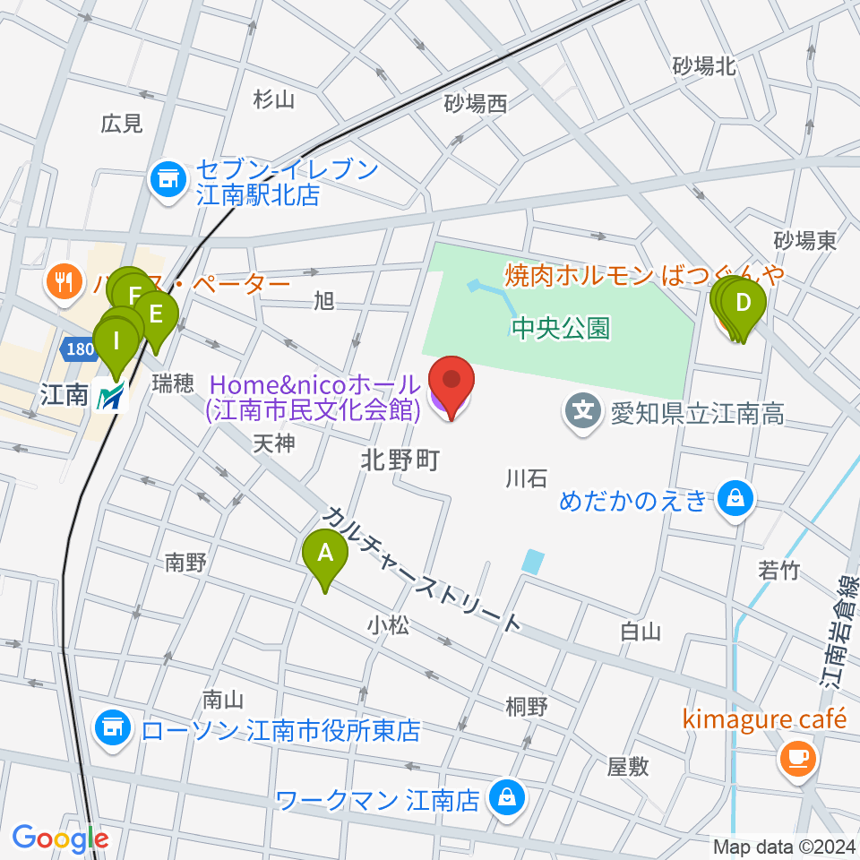 Home&nicoホール 江南市民文化会館周辺のファミレス・ファーストフード一覧地図