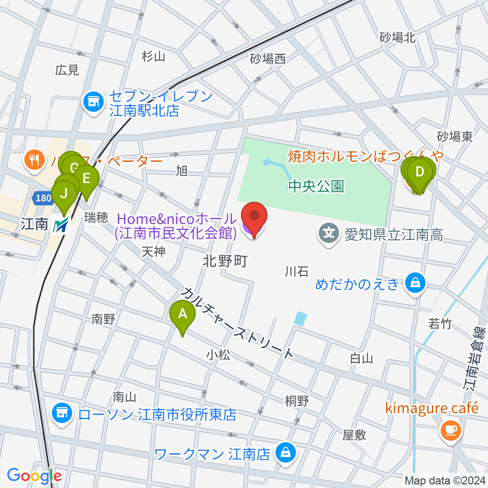 Home&nicoホール 江南市民文化会館周辺のファミレス・ファーストフード一覧地図