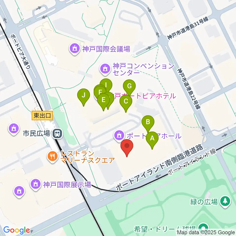 神戸ポートピアホール周辺のファミレス・ファーストフード一覧地図
