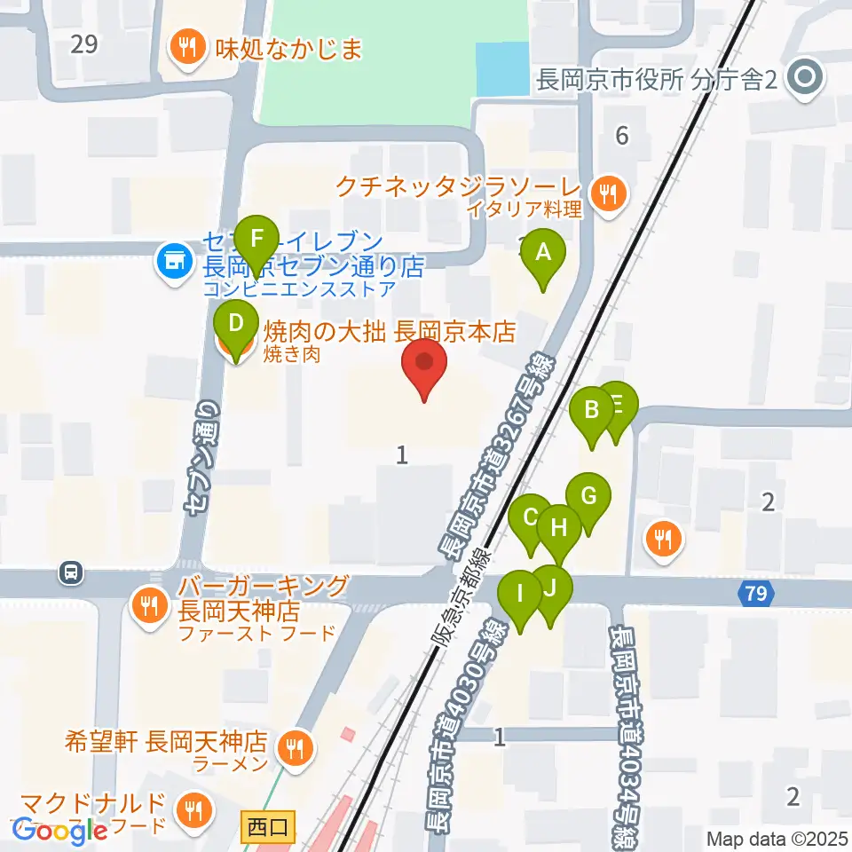 JEUGIA長岡京センター周辺のファミレス・ファーストフード一覧地図