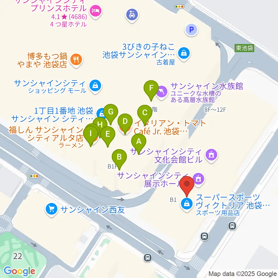 サンシャイン劇場周辺のファミレス・ファーストフード一覧地図