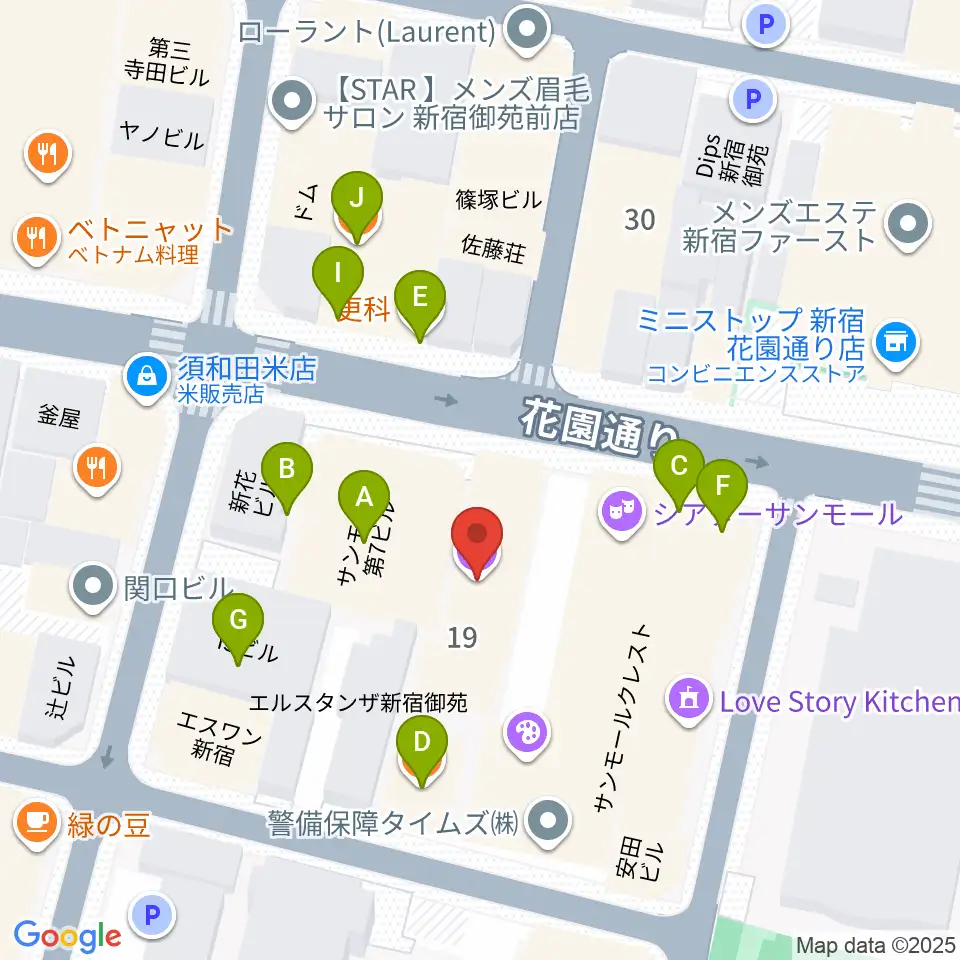 サンモールスタジオ周辺のファミレス・ファーストフード一覧地図