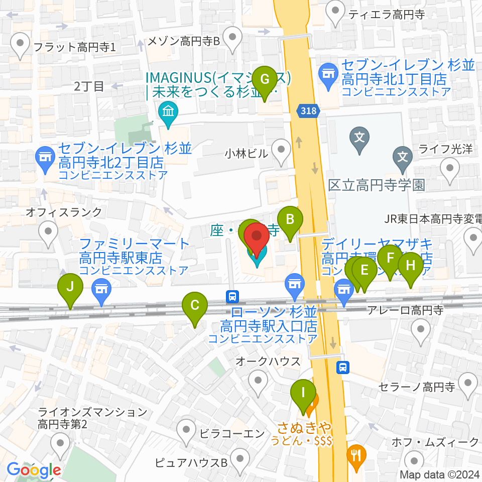 座・高円寺周辺のファミレス・ファーストフード一覧地図