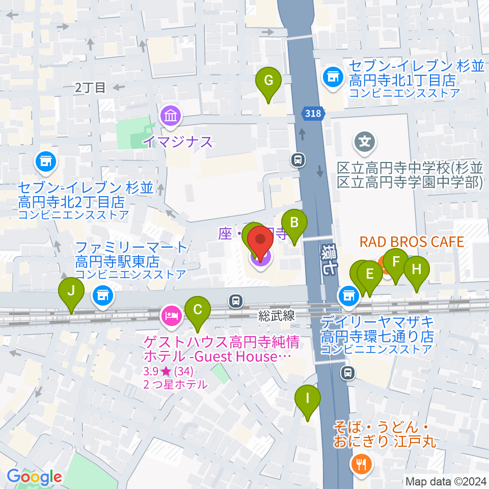 座・高円寺周辺のファミレス・ファーストフード一覧地図