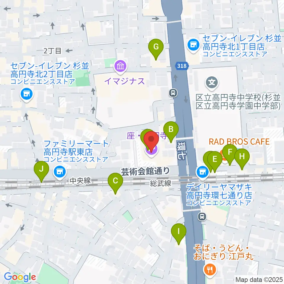 座・高円寺周辺のファミレス・ファーストフード一覧地図