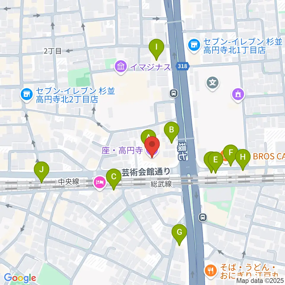 座・高円寺周辺のファミレス・ファーストフード一覧地図