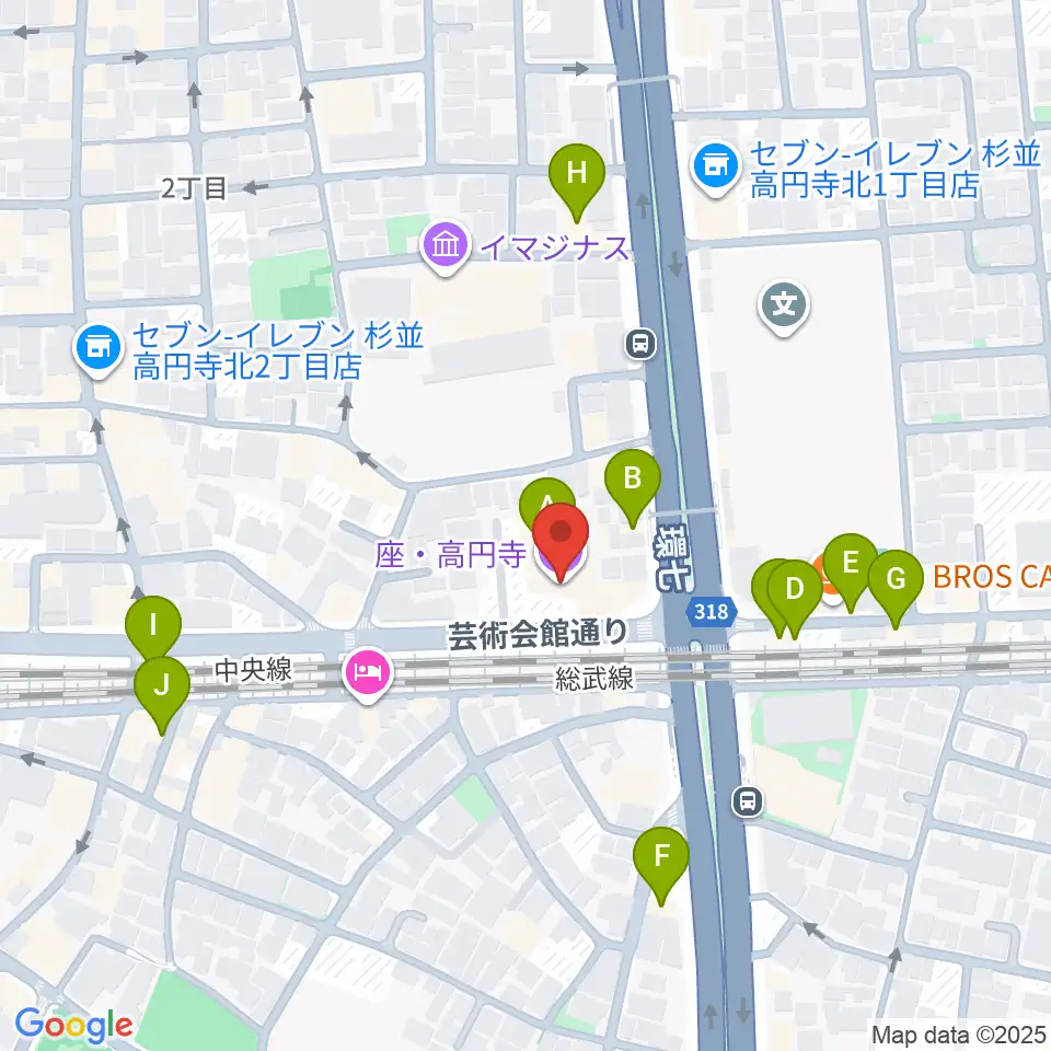 座・高円寺周辺のファミレス・ファーストフード一覧地図