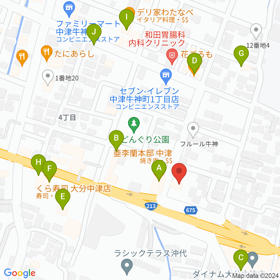 ミュージックストアナガト中津店周辺のファミレス・ファーストフード一覧地図