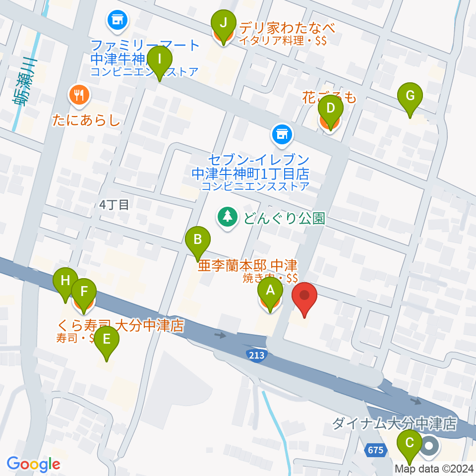 ミュージックストアナガト中津店周辺のファミレス・ファーストフード一覧地図