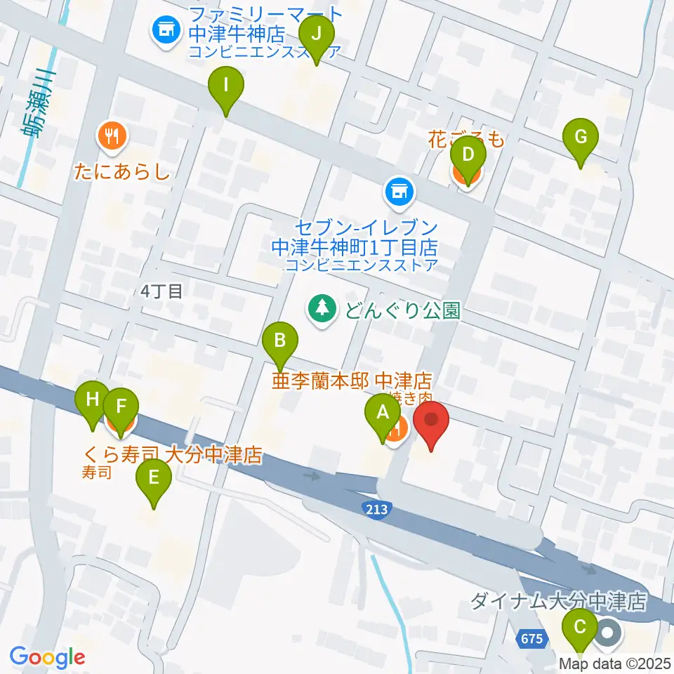 ミュージックストアナガト中津店周辺のファミレス・ファーストフード一覧地図