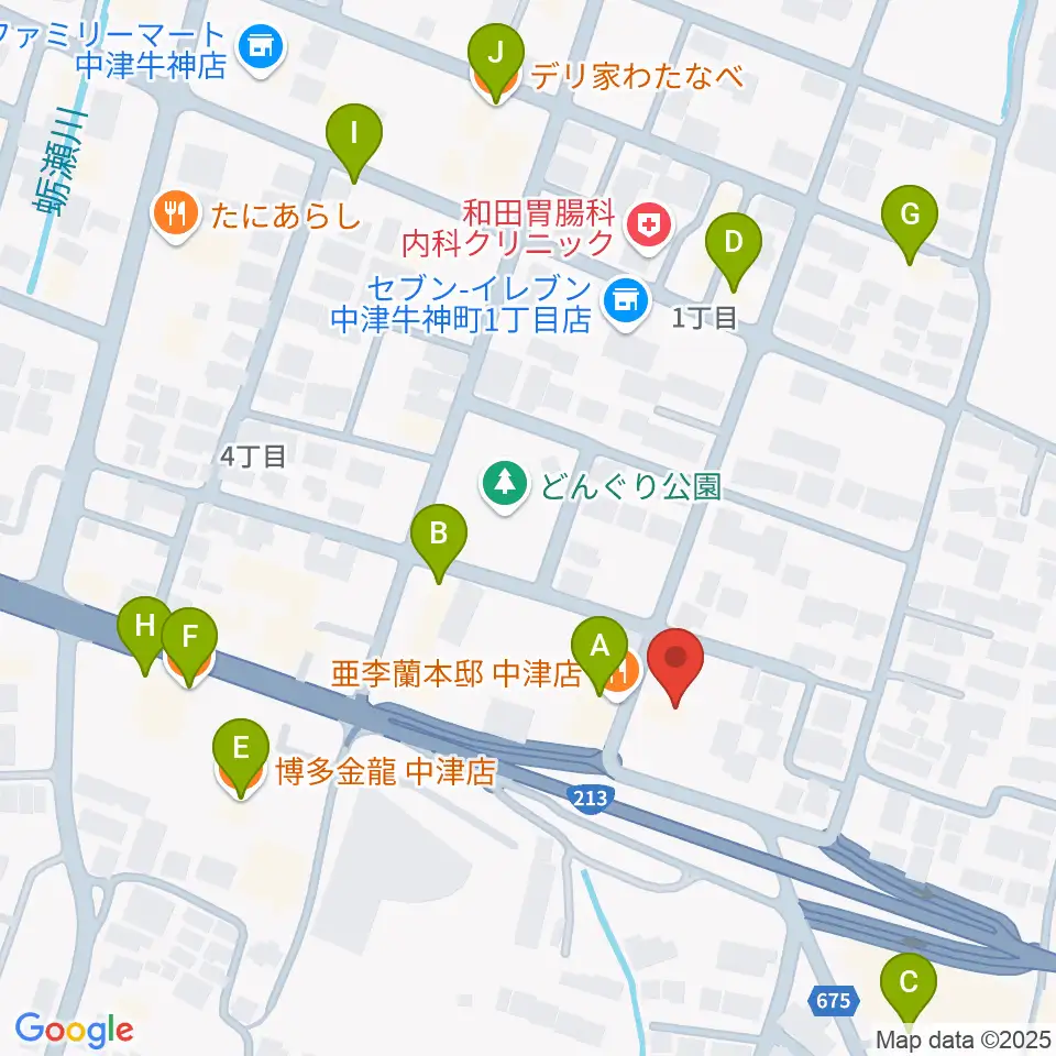 ミュージックストアナガト中津店周辺のファミレス・ファーストフード一覧地図