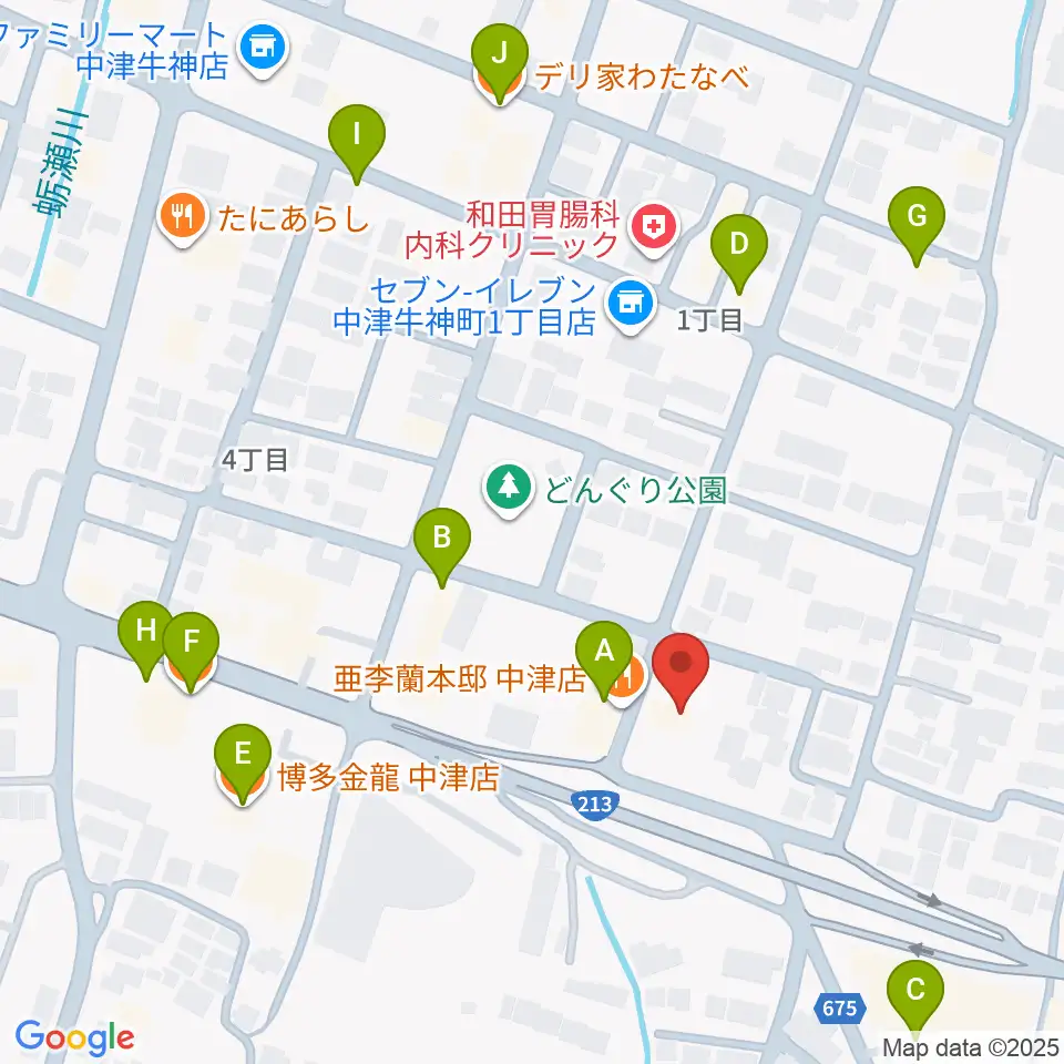 ミュージックストアナガト中津店周辺のファミレス・ファーストフード一覧地図