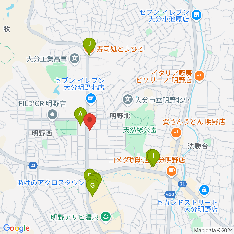 ミュージックストアナガト明野センター周辺のファミレス・ファーストフード一覧地図