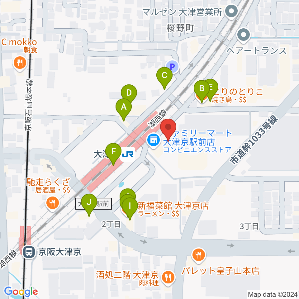 JEUGIAミュージックセンター大津京周辺のファミレス・ファーストフード一覧地図