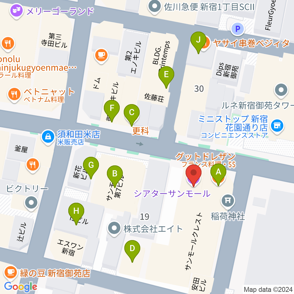 新宿シアターサンモール周辺のファミレス・ファーストフード一覧地図