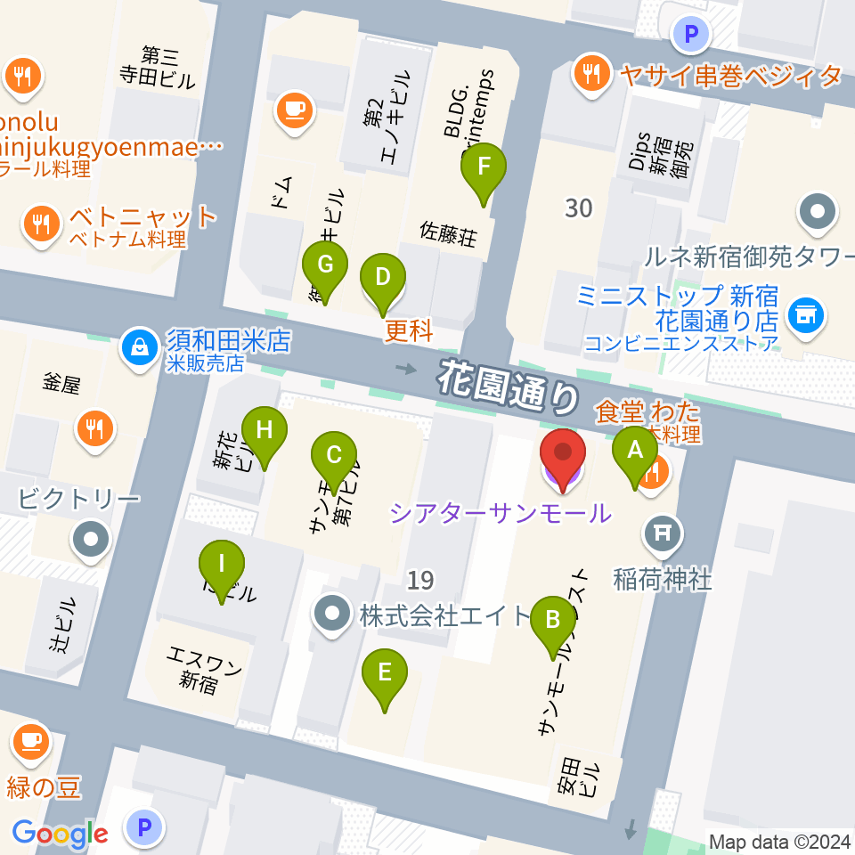 新宿シアターサンモール周辺のファミレス・ファーストフード一覧地図