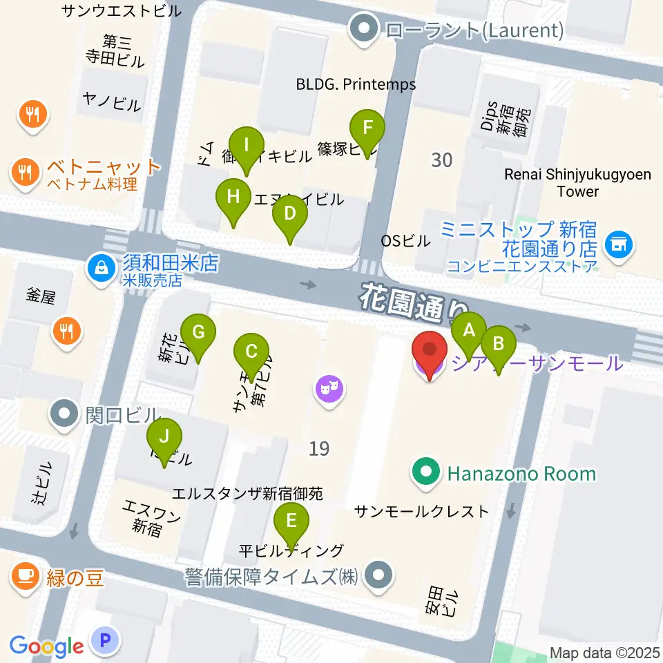 新宿シアターサンモール周辺のファミレス・ファーストフード一覧地図