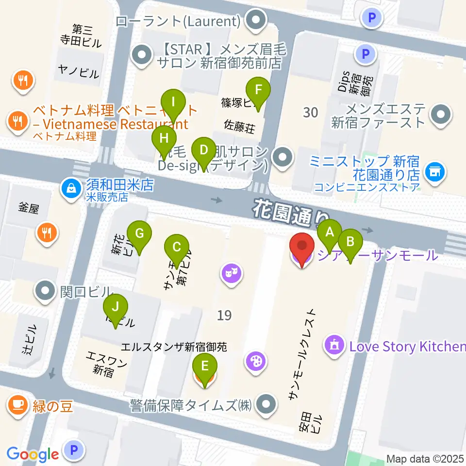 新宿シアターサンモール周辺のファミレス・ファーストフード一覧地図