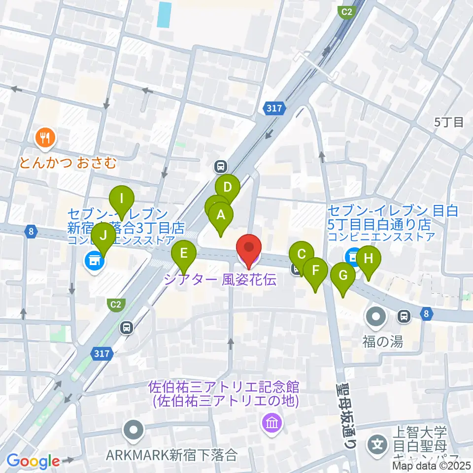 シアター風姿花伝周辺のファミレス・ファーストフード一覧地図