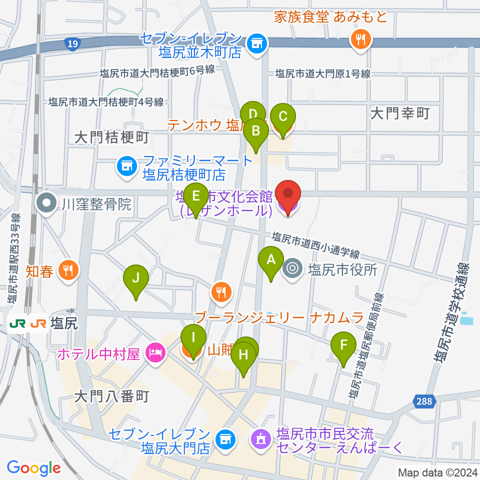 塩尻市文化会館レザンホール周辺のファミレス・ファーストフード一覧地図