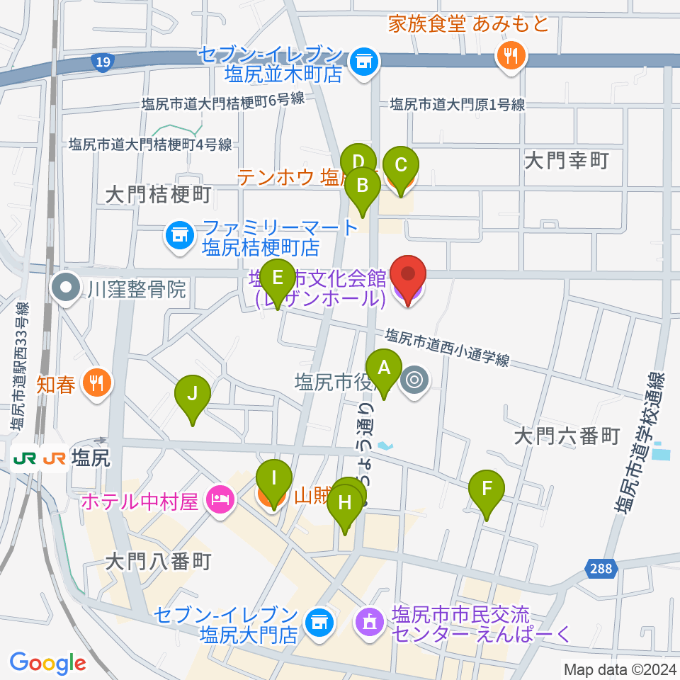 塩尻市文化会館レザンホール周辺のファミレス・ファーストフード一覧地図