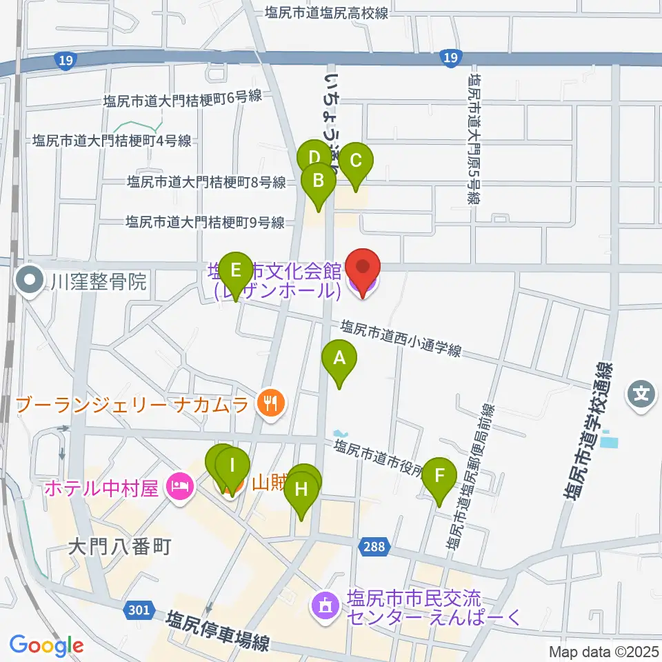 塩尻市文化会館レザンホール周辺のファミレス・ファーストフード一覧地図