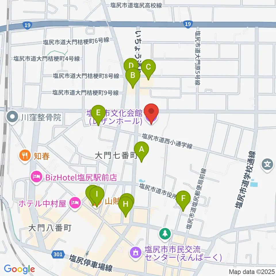 塩尻市文化会館レザンホール周辺のファミレス・ファーストフード一覧地図