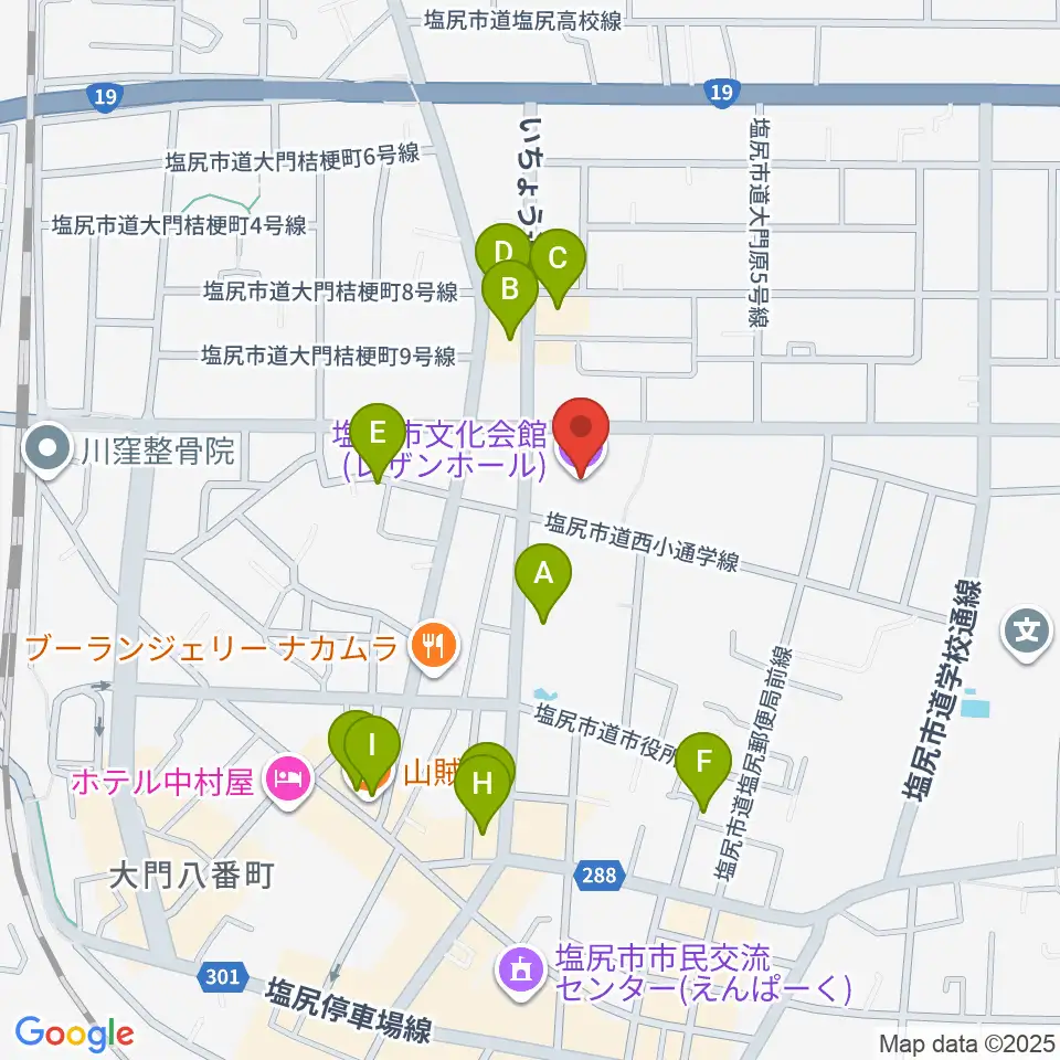 塩尻市文化会館レザンホール周辺のファミレス・ファーストフード一覧地図