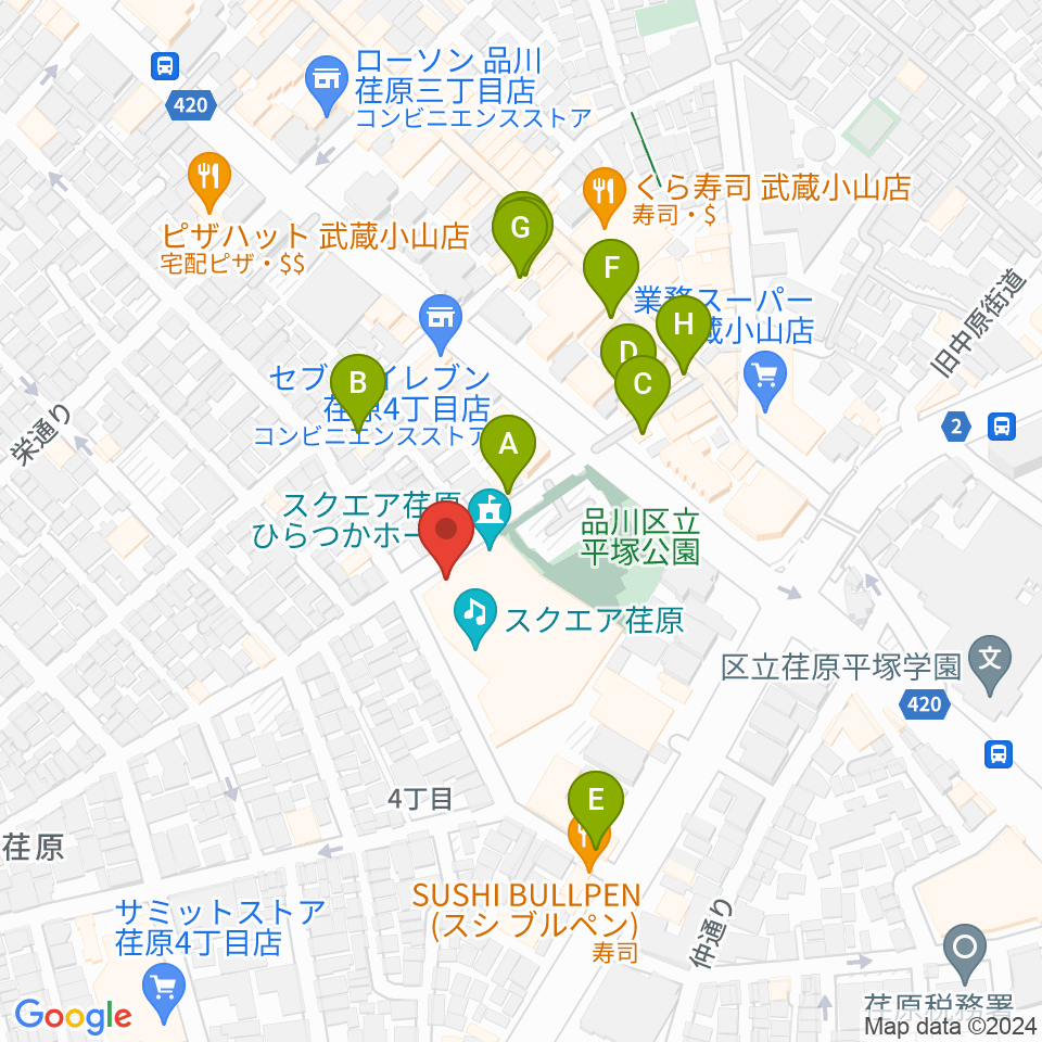 スクエア荏原 ひらつかホール周辺のファミレス・ファーストフード一覧地図