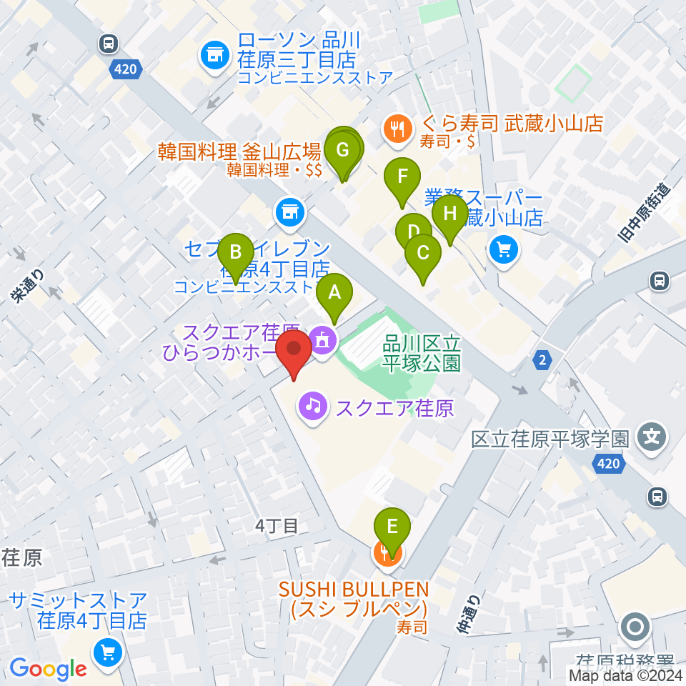 スクエア荏原 ひらつかホール周辺のファミレス・ファーストフード一覧地図