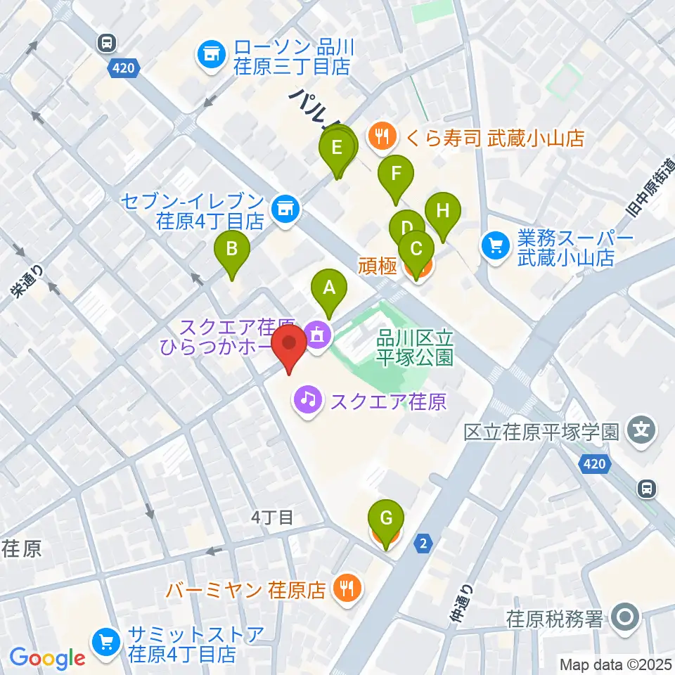 スクエア荏原 ひらつかホール周辺のファミレス・ファーストフード一覧地図