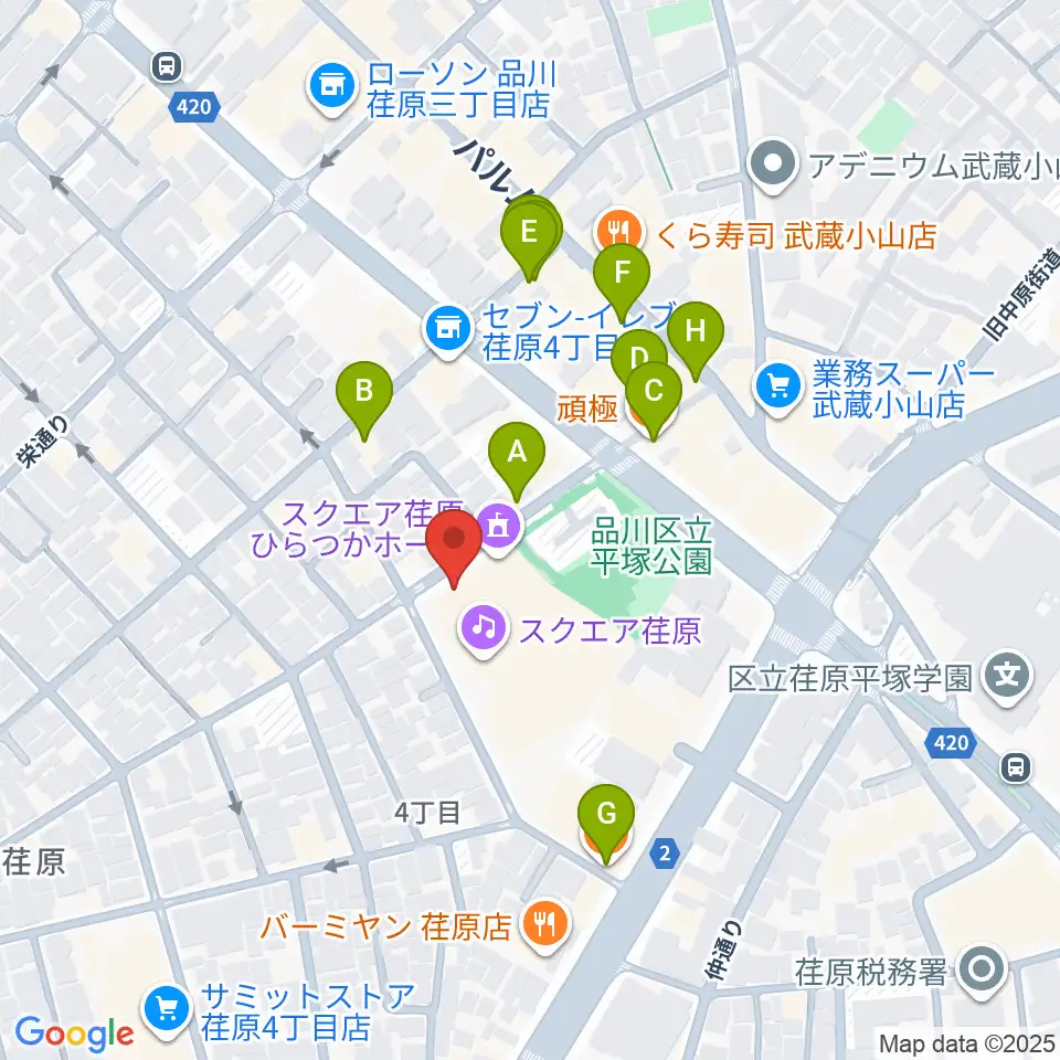 スクエア荏原 ひらつかホール周辺のファミレス・ファーストフード一覧地図