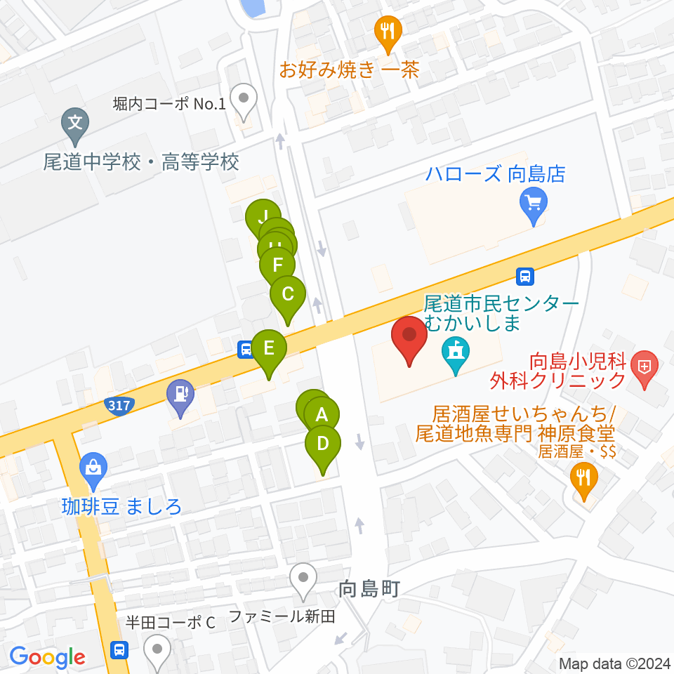 尾道市民センターむかいしま文化ホール周辺のファミレス・ファーストフード一覧地図