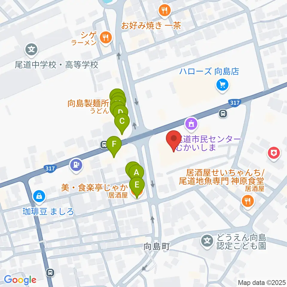 尾道市民センターむかいしま文化ホール周辺のファミレス・ファーストフード一覧地図