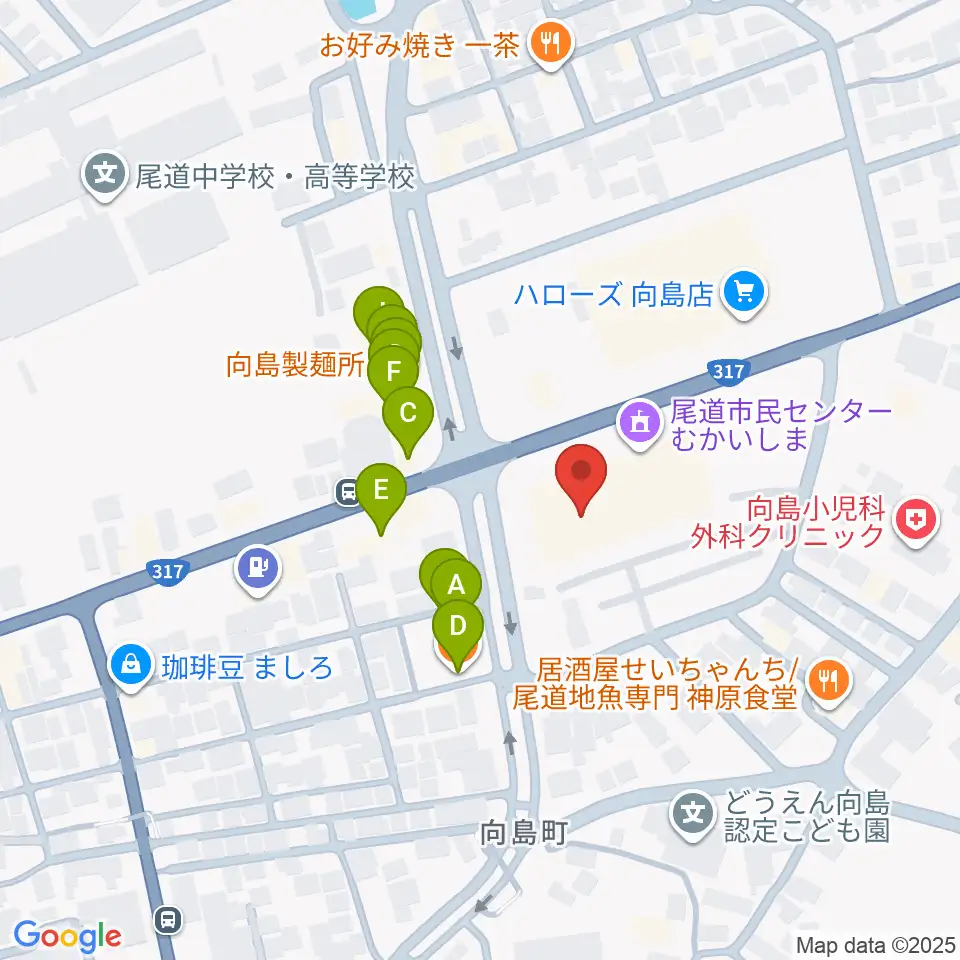 尾道市民センターむかいしま文化ホール周辺のファミレス・ファーストフード一覧地図