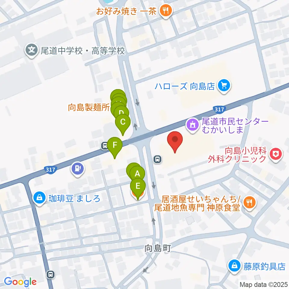 尾道市民センターむかいしま文化ホール周辺のファミレス・ファーストフード一覧地図