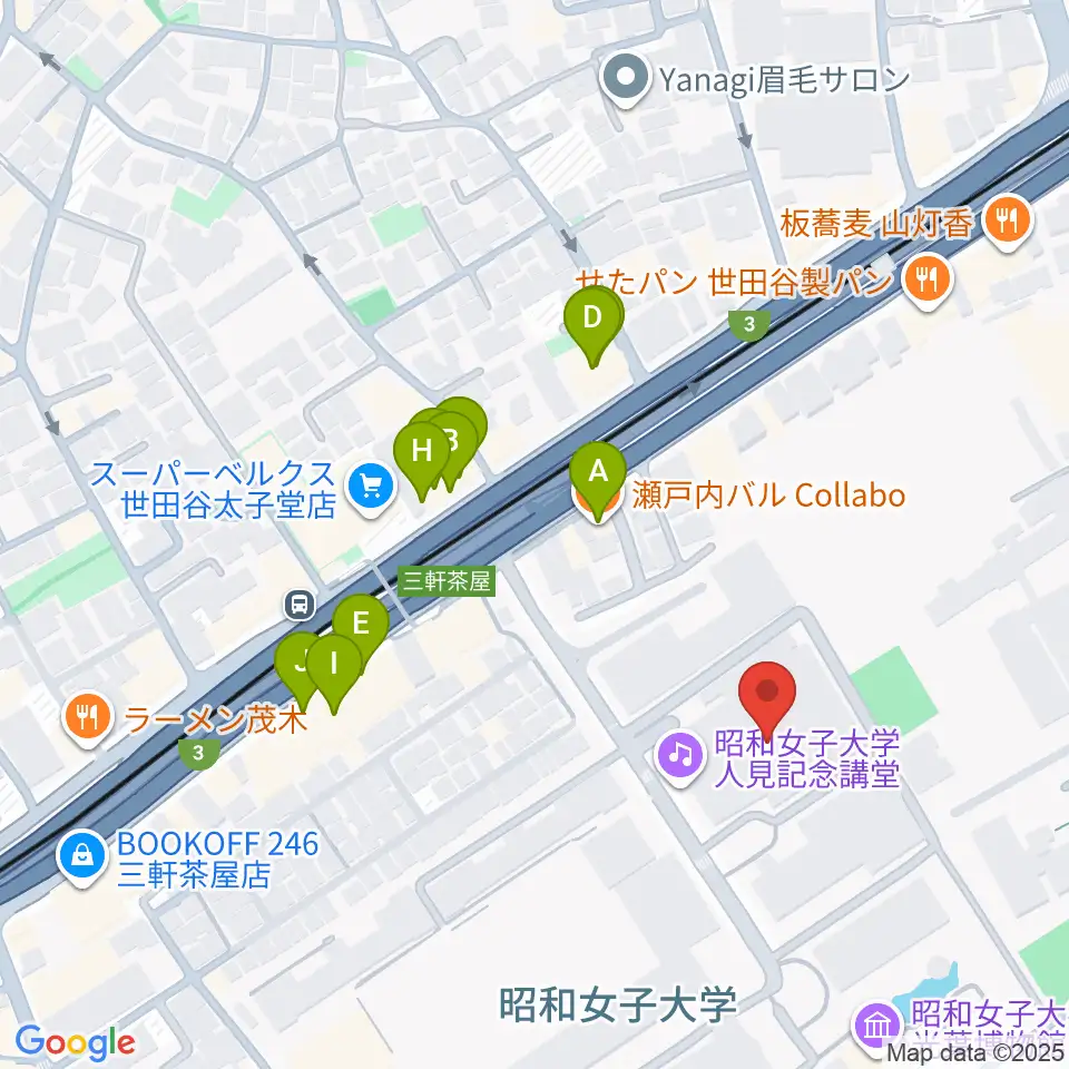 昭和女子大学人見記念講堂周辺のファミレス・ファーストフード一覧地図