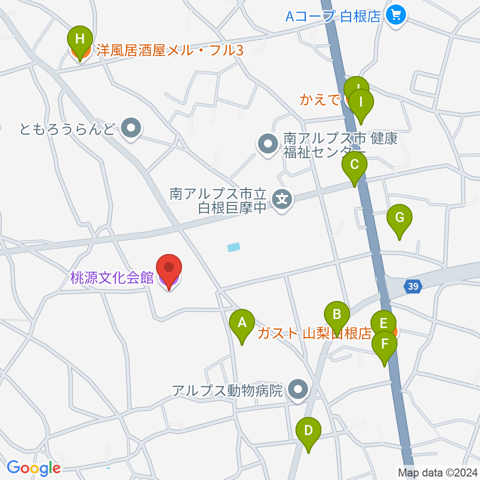 桃源文化会館周辺のファミレス・ファーストフード一覧地図