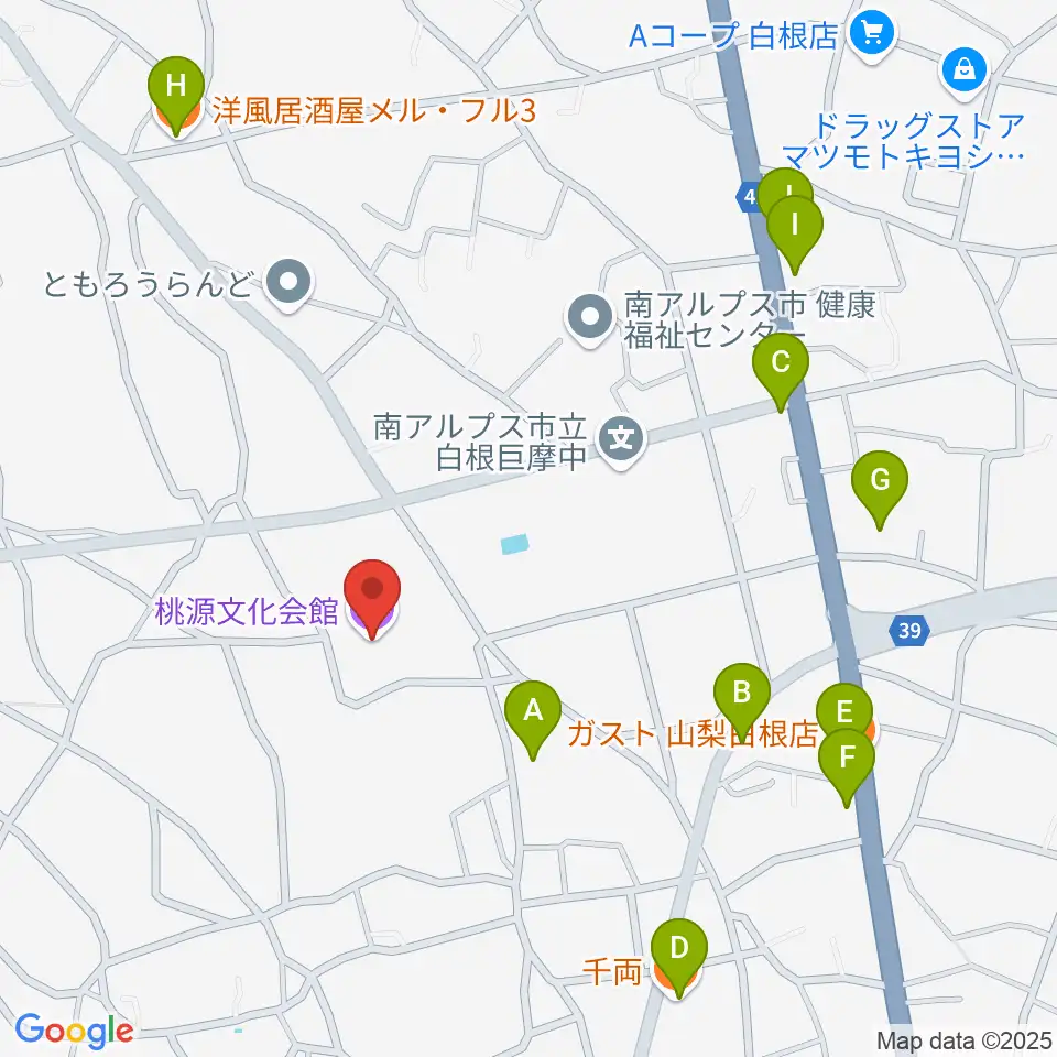 桃源文化会館周辺のファミレス・ファーストフード一覧地図