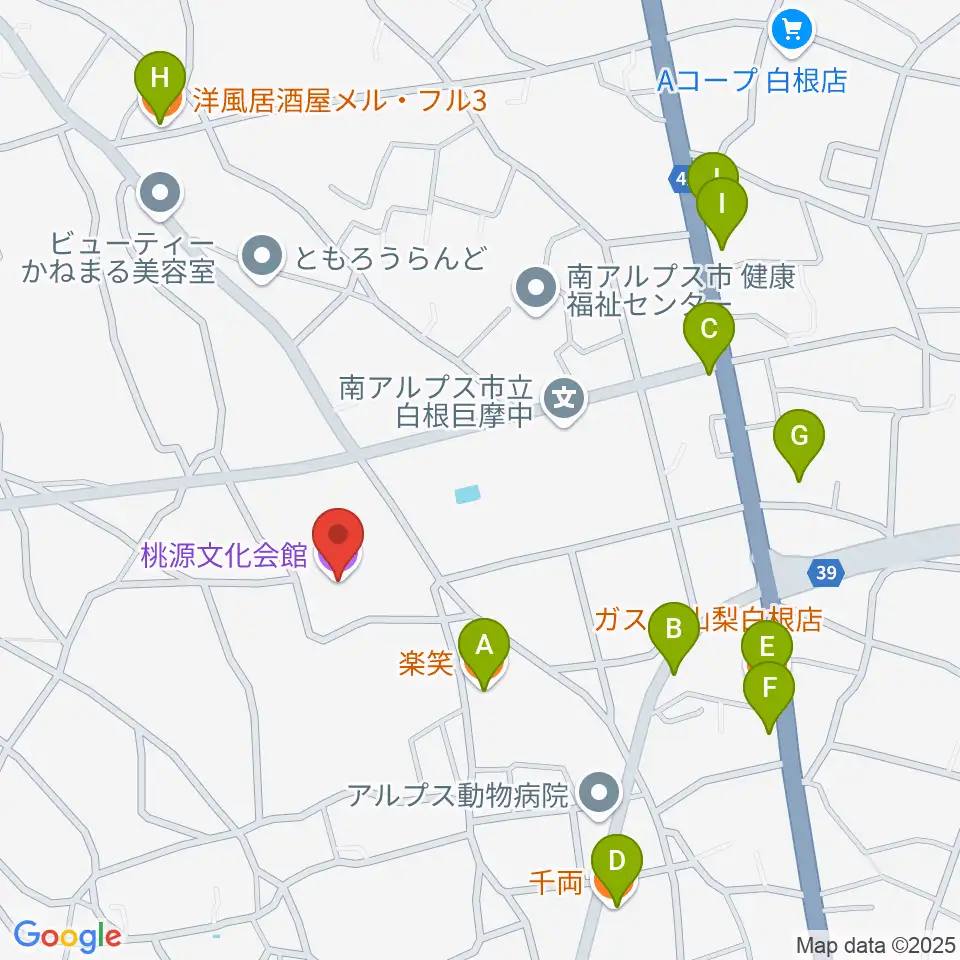 桃源文化会館周辺のファミレス・ファーストフード一覧地図
