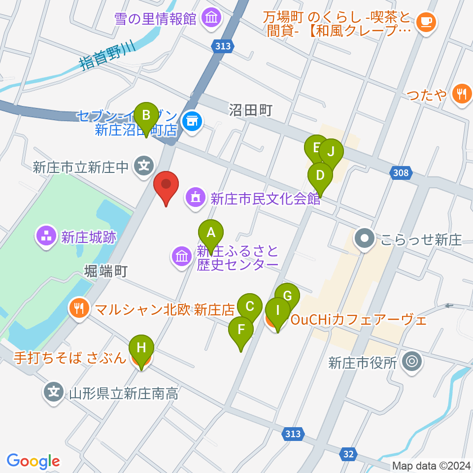 新庄市民文化会館周辺のファミレス・ファーストフード一覧地図