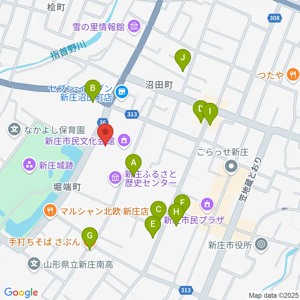 新庄市民文化会館周辺のファミレス・ファーストフード一覧地図