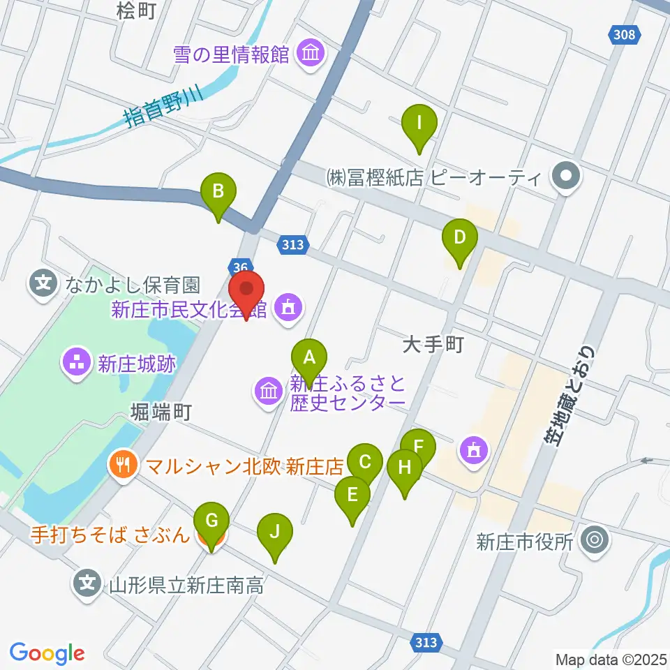 新庄市民文化会館周辺のファミレス・ファーストフード一覧地図